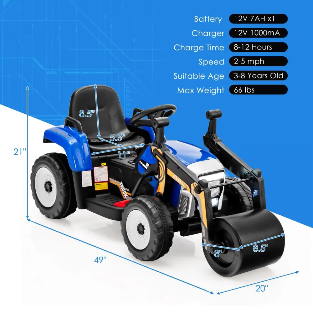 12V Kids Ride on Road Roller with 2.4G Remote Control-Blue - Blue - Powered Ride On Toys