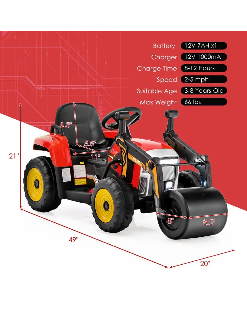 12V Kids Ride on Road Roller with 2.4G Remote Control-Red - Red - Powered Ride On Toys