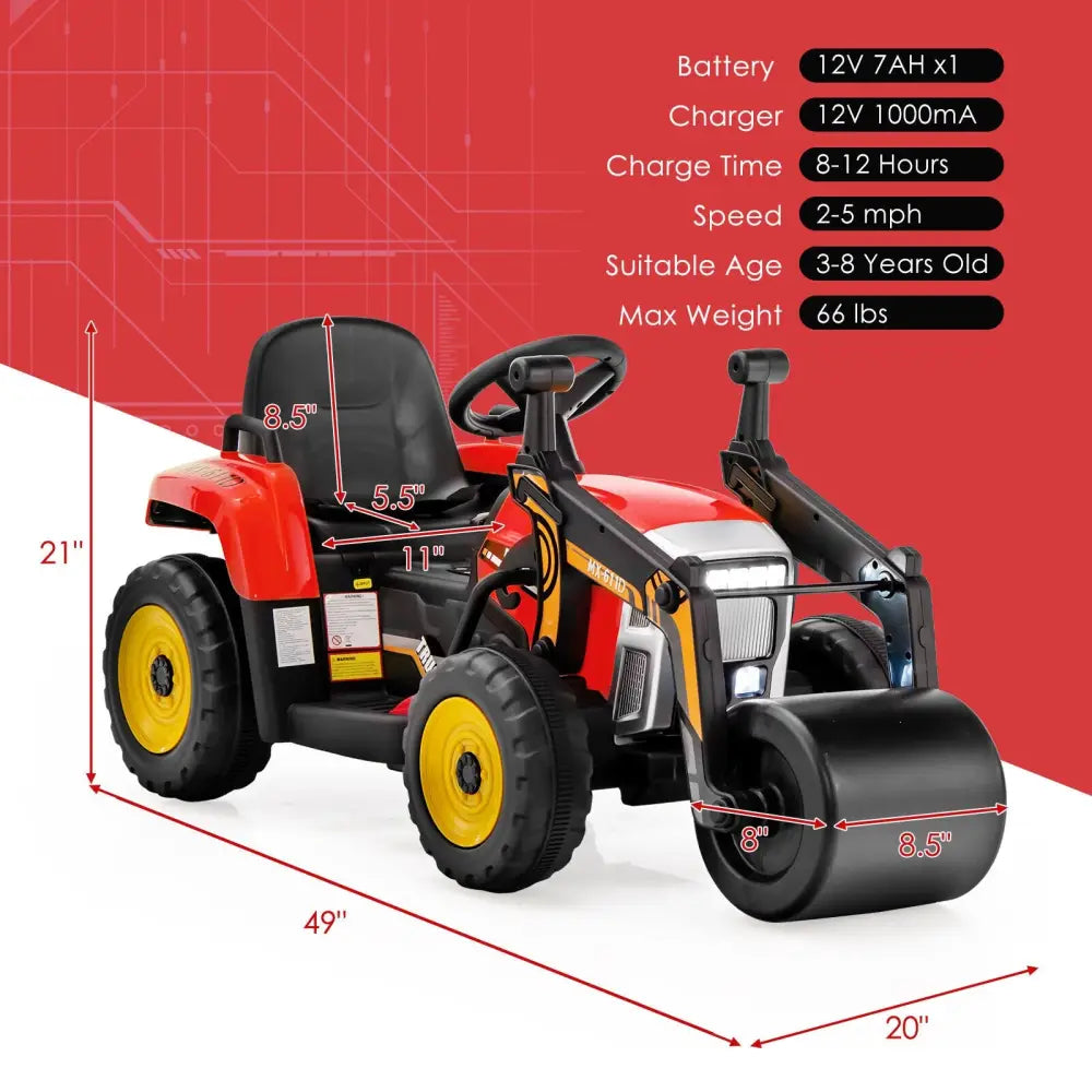12V Kids Ride on Road Roller with 2.4G Remote Control-Red - Red - Powered Ride On Toys