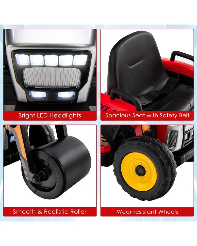 12V Kids Ride on Road Roller with 2.4G Remote Control-Red - Red - Powered Ride On Toys