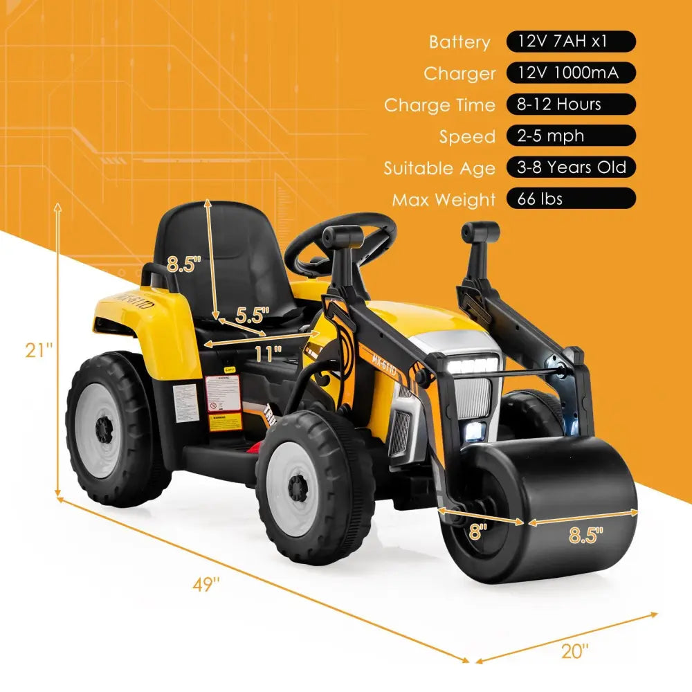 12V Kids Ride on Road Roller with 2.4G Remote Control-Yellow - Yellow - Powered Ride On Toys