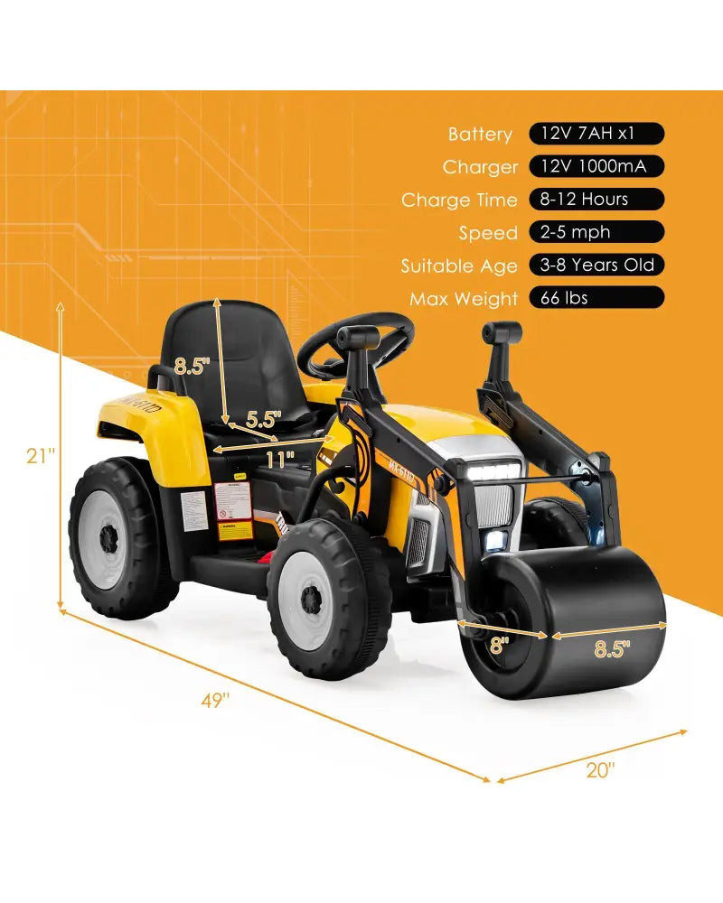 12V Kids Ride on Road Roller with 2.4G Remote Control-Yellow - Yellow - Powered Ride On Toys