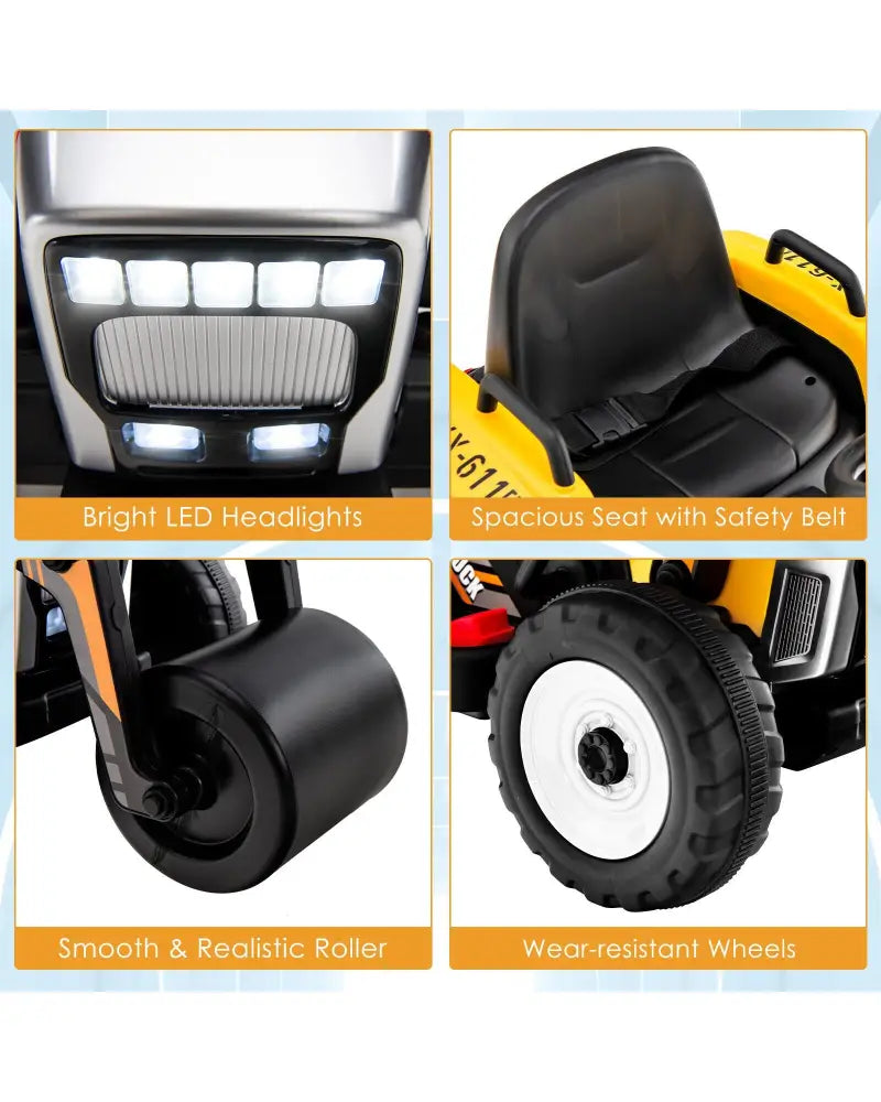 12V Kids Ride on Road Roller with 2.4G Remote Control-Yellow - Yellow - Powered Ride On Toys
