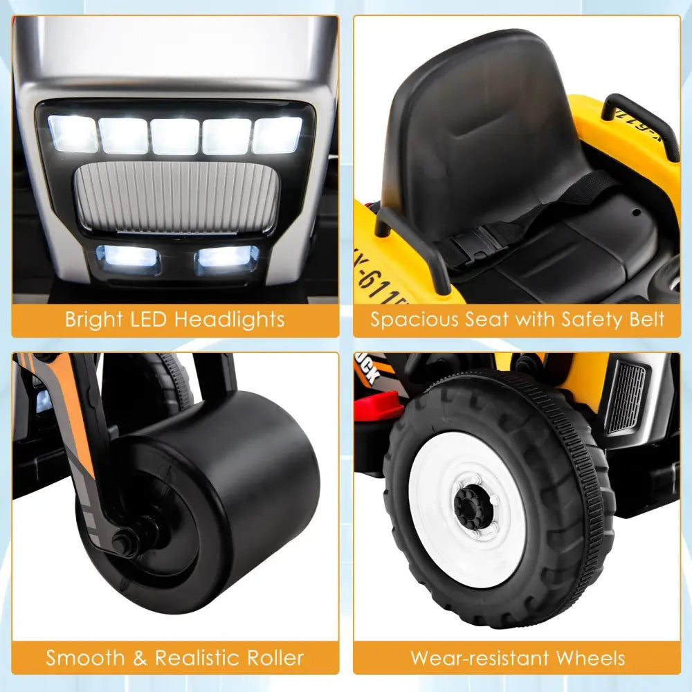 12V Kids Ride on Road Roller with 2.4G Remote Control-Yellow - Yellow - Powered Ride On Toys