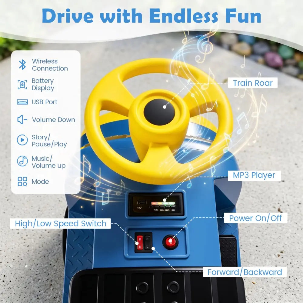 12V Kids Ride on Train 3-Seater with Detachable Carriage Licensed Chuggington-Blue - Blue - Powered Ride On Toys