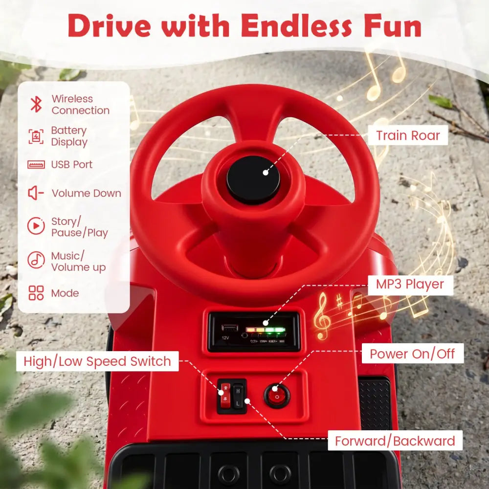 12V Kids Ride on Train 3-Seater with Detachable Carriage Licensed Chuggington-Red - Red - Powered Ride On Toys