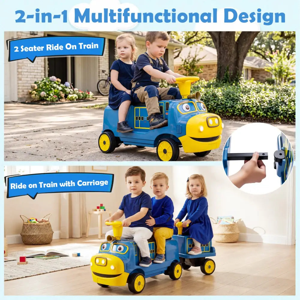 12V Kids Ride on Train 3-Seater with Detachable Carriage Licensed Chuggington-Blue - Blue - Powered Ride On Toys