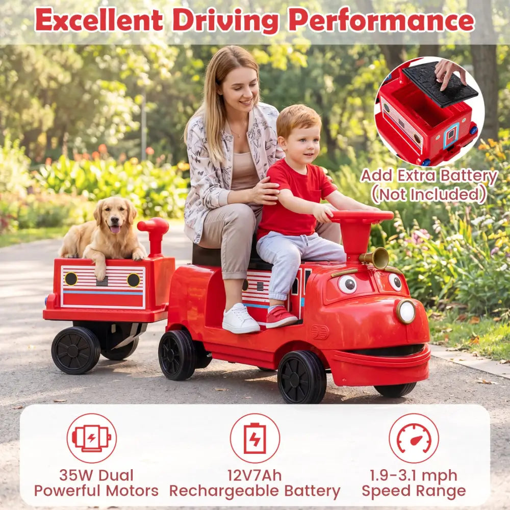 12V Kids Ride on Train 3-Seater with Detachable Carriage Licensed Chuggington-Red - Red - Powered Ride On Toys