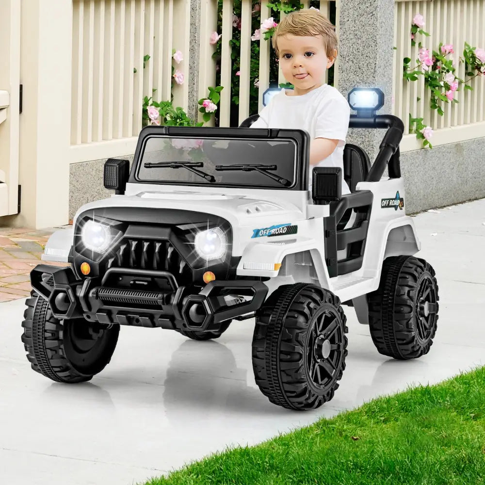 12V Kids Ride on Truck Car with Remote Control Threaded Wheels and 3 Speeds-White - White - Powered Ride On Toys