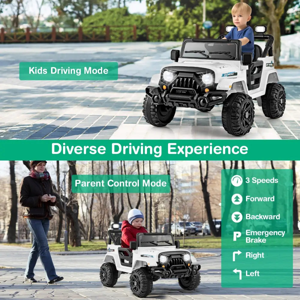 12V Kids Ride on Truck Car with Remote Control Threaded Wheels and 3 Speeds-White - White - Powered Ride On Toys