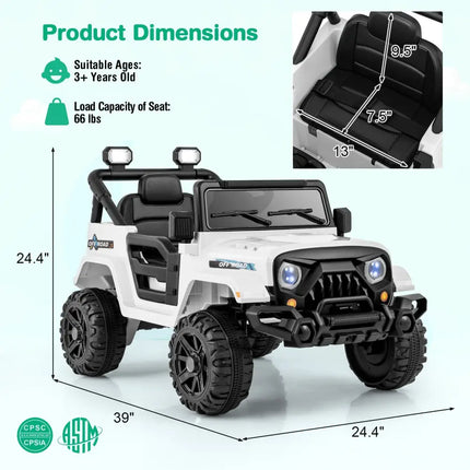12V Kids Ride on Truck Car with Remote Control Threaded Wheels and 3 Speeds-White - White - Powered Ride On Toys