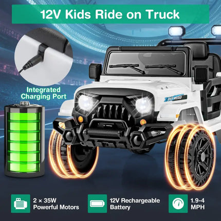 12V Kids Ride on Truck Car with Remote Control Threaded Wheels and 3 Speeds-White - White - Powered Ride On Toys