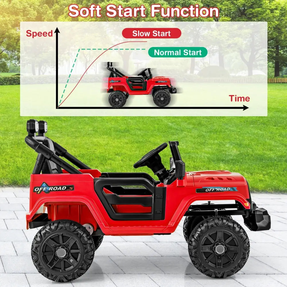 12V Kids Ride on Truck Car with Remote Control Threaded Wheels and 3 Speeds - Red - Oasis Home Essentials