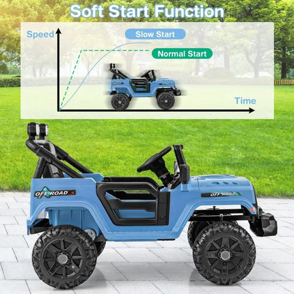 12V Kids Ride on Truck Car with Remote Control Threaded Wheels and 3 Speeds - Navy - Oasis Home Essentials