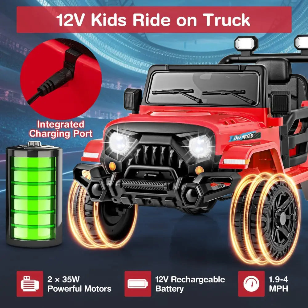 12V Kids Ride on Truck Car with Remote Control Threaded Wheels and 3 Speeds - Red - Oasis Home Essentials