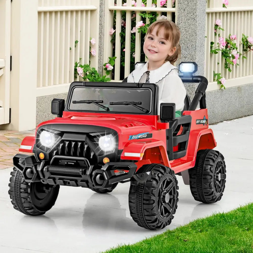 12V Kids Ride on Truck Car with Remote Control Threaded Wheels and 3 Speeds - Red - Oasis Home Essentials