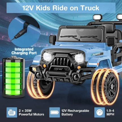 12V Kids Ride on Truck Car with Remote Control Threaded Wheels and 3 Speeds - Navy - Oasis Home Essentials