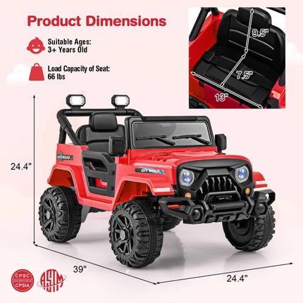 12V Kids Ride on Truck Car with Remote Control Threaded Wheels and 3 Speeds - Red - Oasis Home Essentials