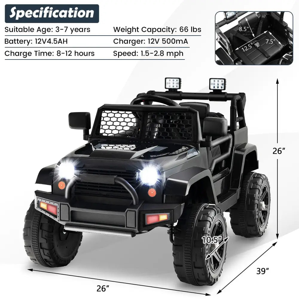 12V Kids Ride On Truck with Remote Control and Headlights-Black - Black - Powered Ride On Toys
