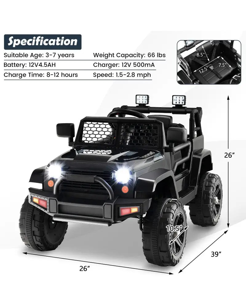 12V Kids Ride On Truck with Remote Control and Headlights-Black - Black - Powered Ride On Toys
