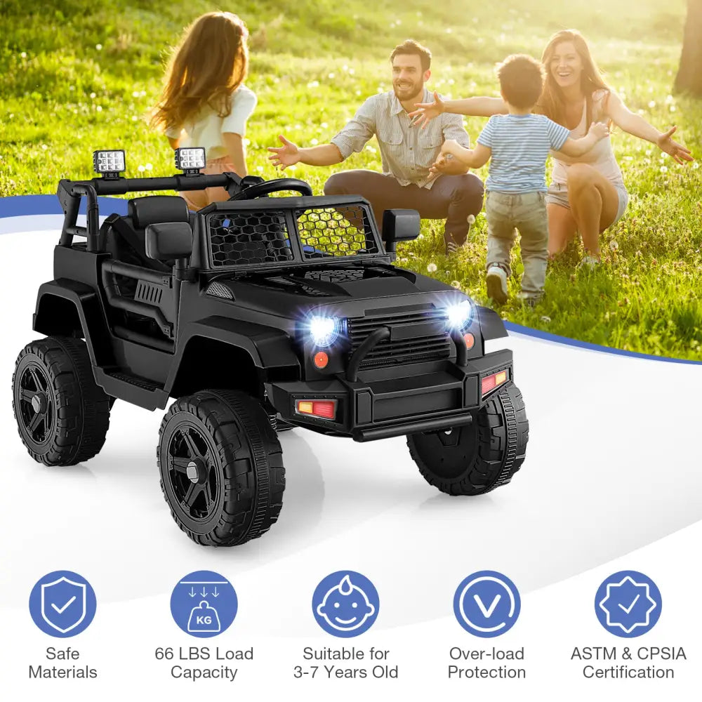 12V Kids Ride On Truck with Remote Control and Headlights-Black - Black - Powered Ride On Toys