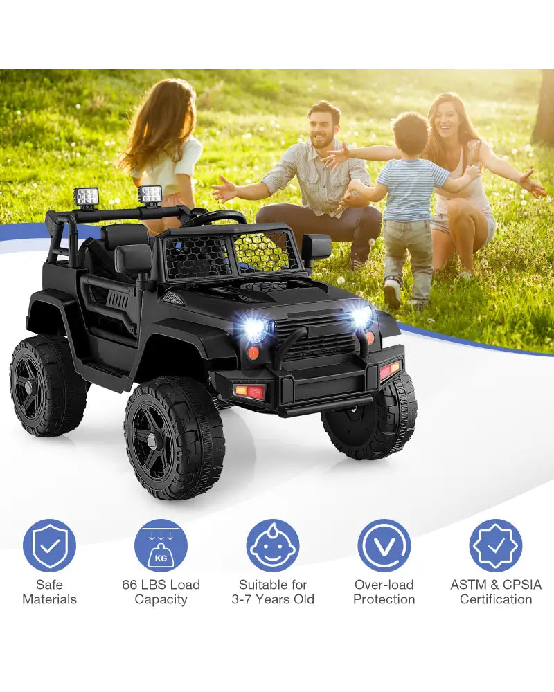 12V Kids Ride On Truck with Remote Control and Headlights-Black - Black - Powered Ride On Toys