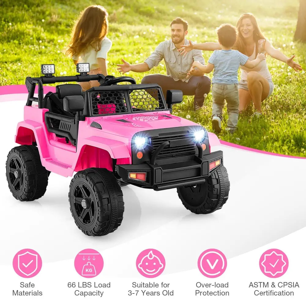 12V Kids Ride On Truck with Remote Control and Headlights - Pink - Oasis Home Essentials