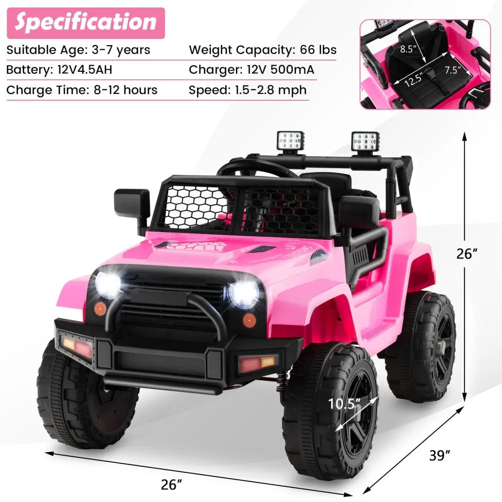 12V Kids Ride On Truck with Remote Control and Headlights - Pink - Oasis Home Essentials