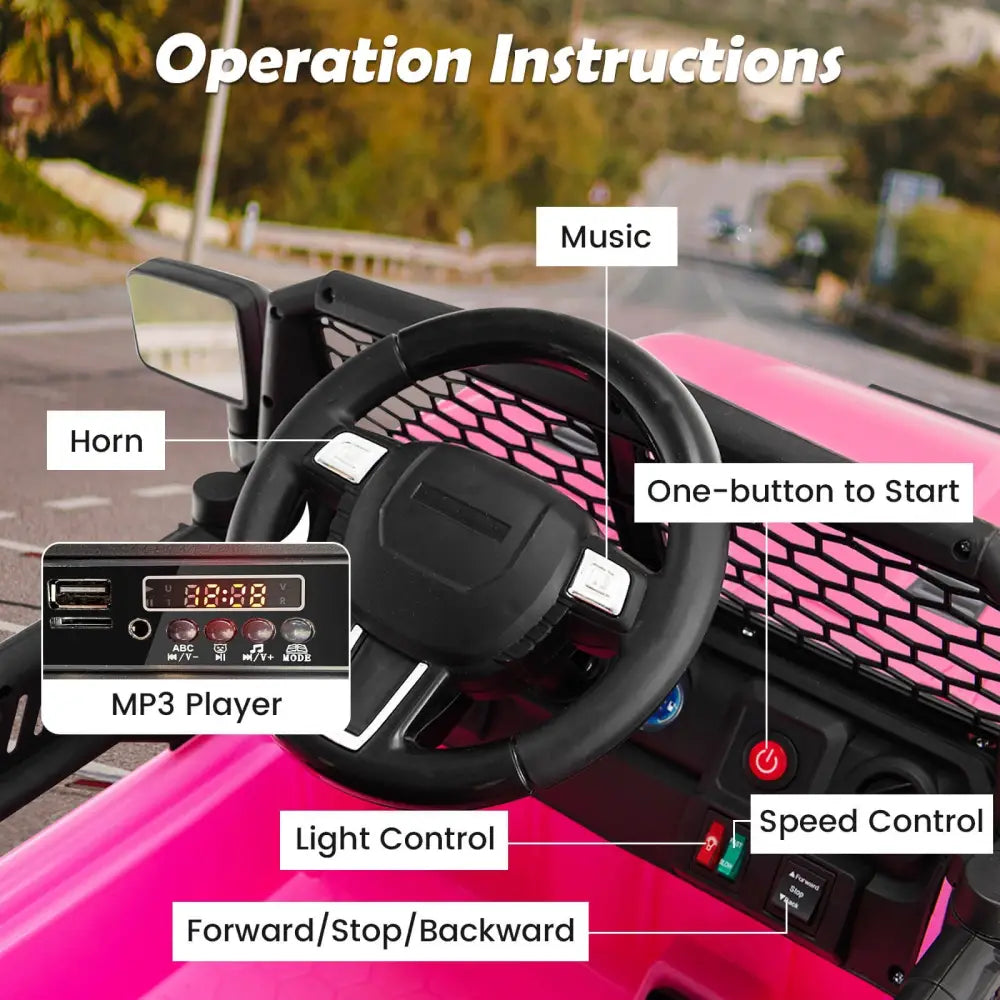 12V Kids Ride On Truck with Remote Control and Headlights - Pink - Oasis Home Essentials