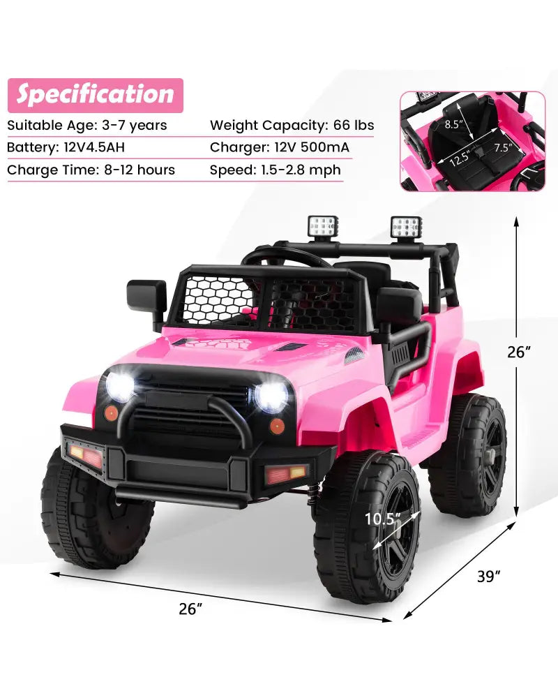 12V Kids Ride On Truck with Remote Control and Headlights-Pink - Pink - Powered Ride On Toys