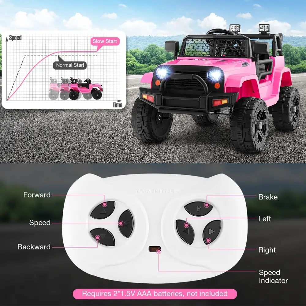 12V Kids Ride On Truck with Remote Control and Headlights - Pink - Oasis Home Essentials