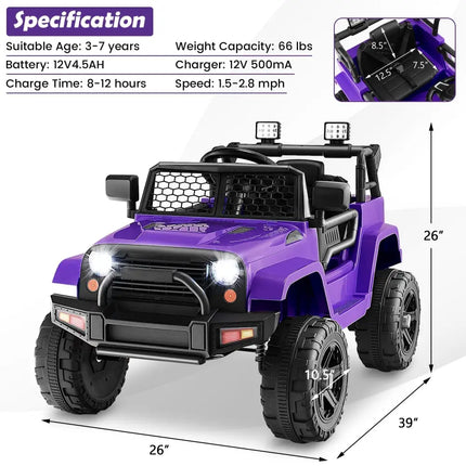 12V Kids Ride On Truck with Remote Control and Headlights - Purple - Oasis Home Essentials