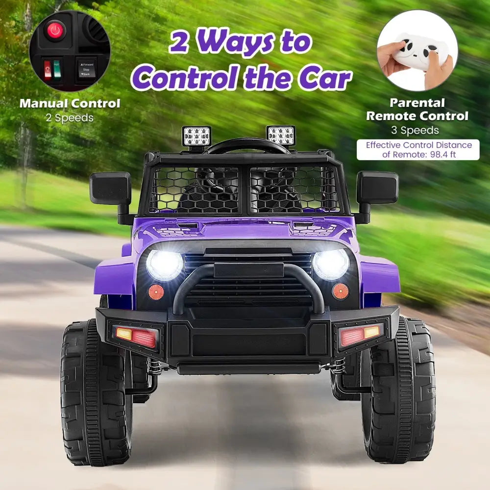 12V Kids Ride On Truck with Remote Control and Headlights - Purple - Oasis Home Essentials