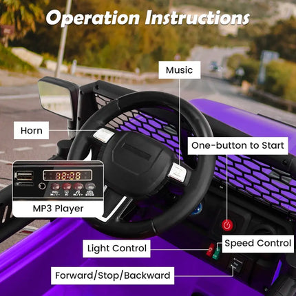 12V Kids Ride On Truck with Remote Control and Headlights - Purple - Oasis Home Essentials