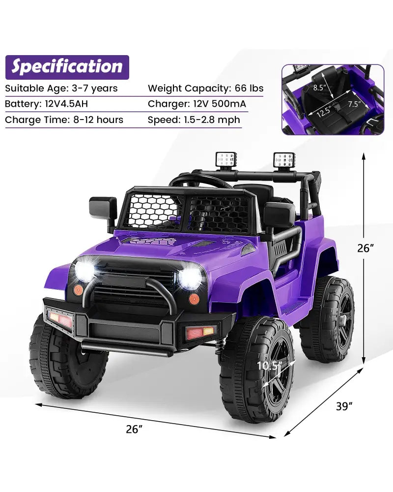 12V Kids Ride On Truck with Remote Control and Headlights-Purple - Purple - Powered Ride On Toys