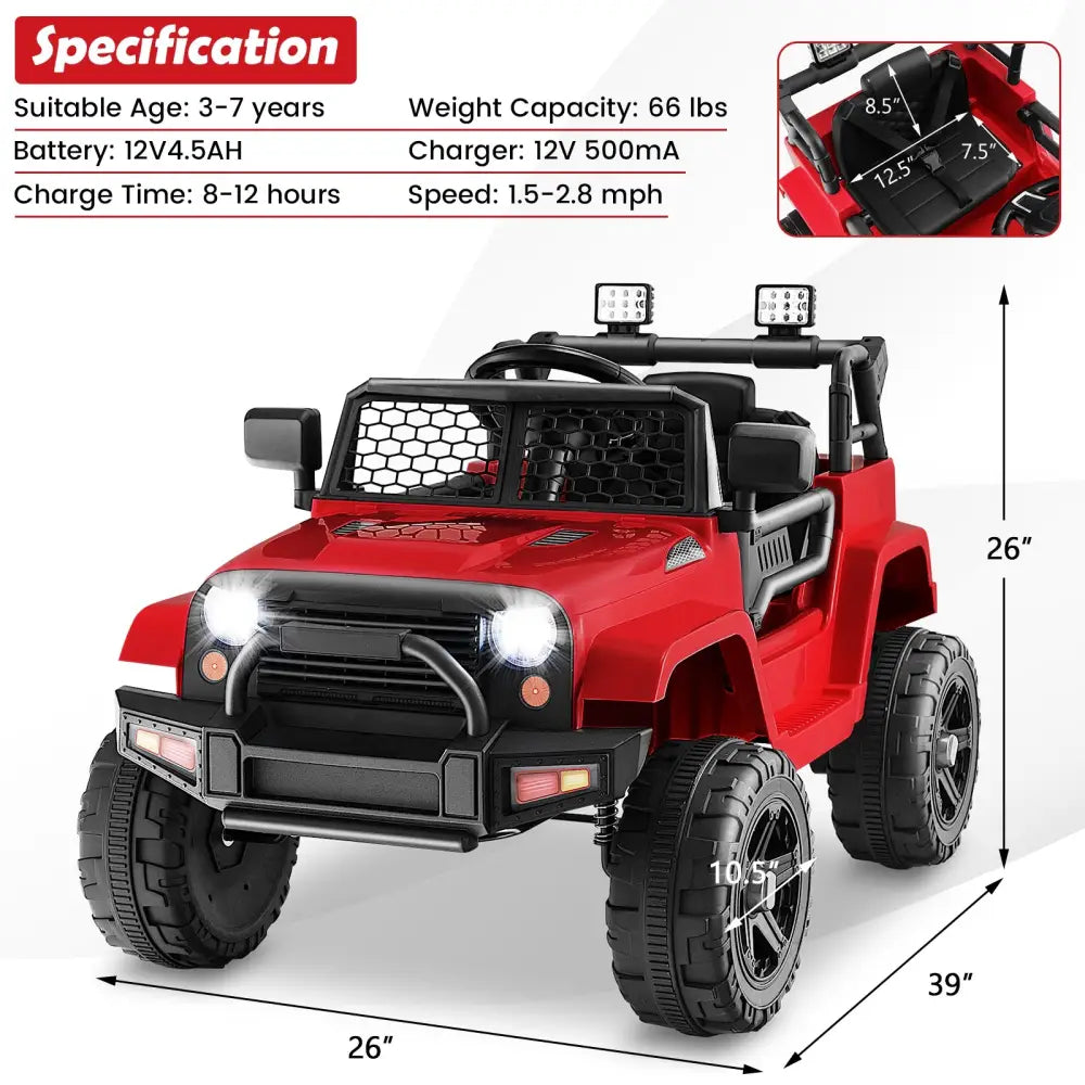 12V Kids Ride On Truck with Remote Control and Headlights-Red - Red - Powered Ride On Toys