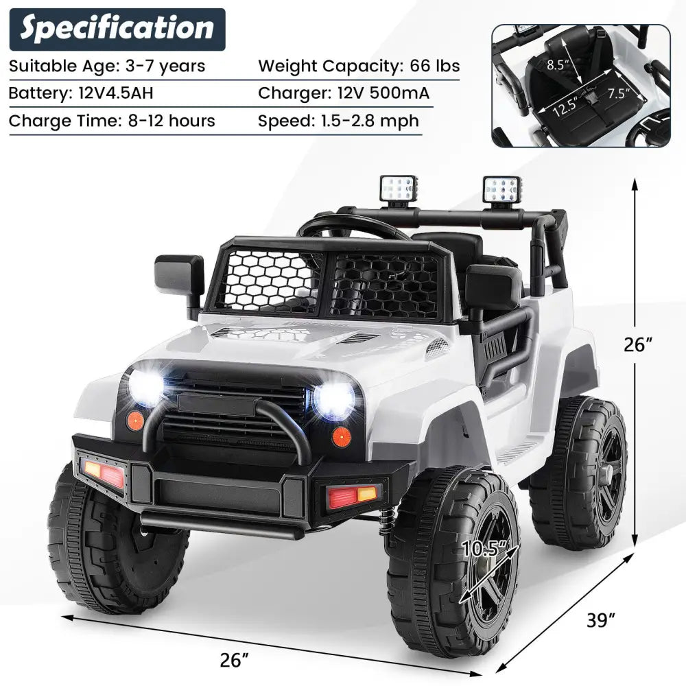 12V Kids Ride On Truck with Remote Control and Headlights-White - White - Powered Ride On Toys