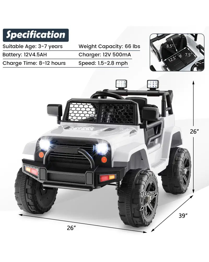 12V Kids Ride On Truck with Remote Control and Headlights-White - White - Powered Ride On Toys