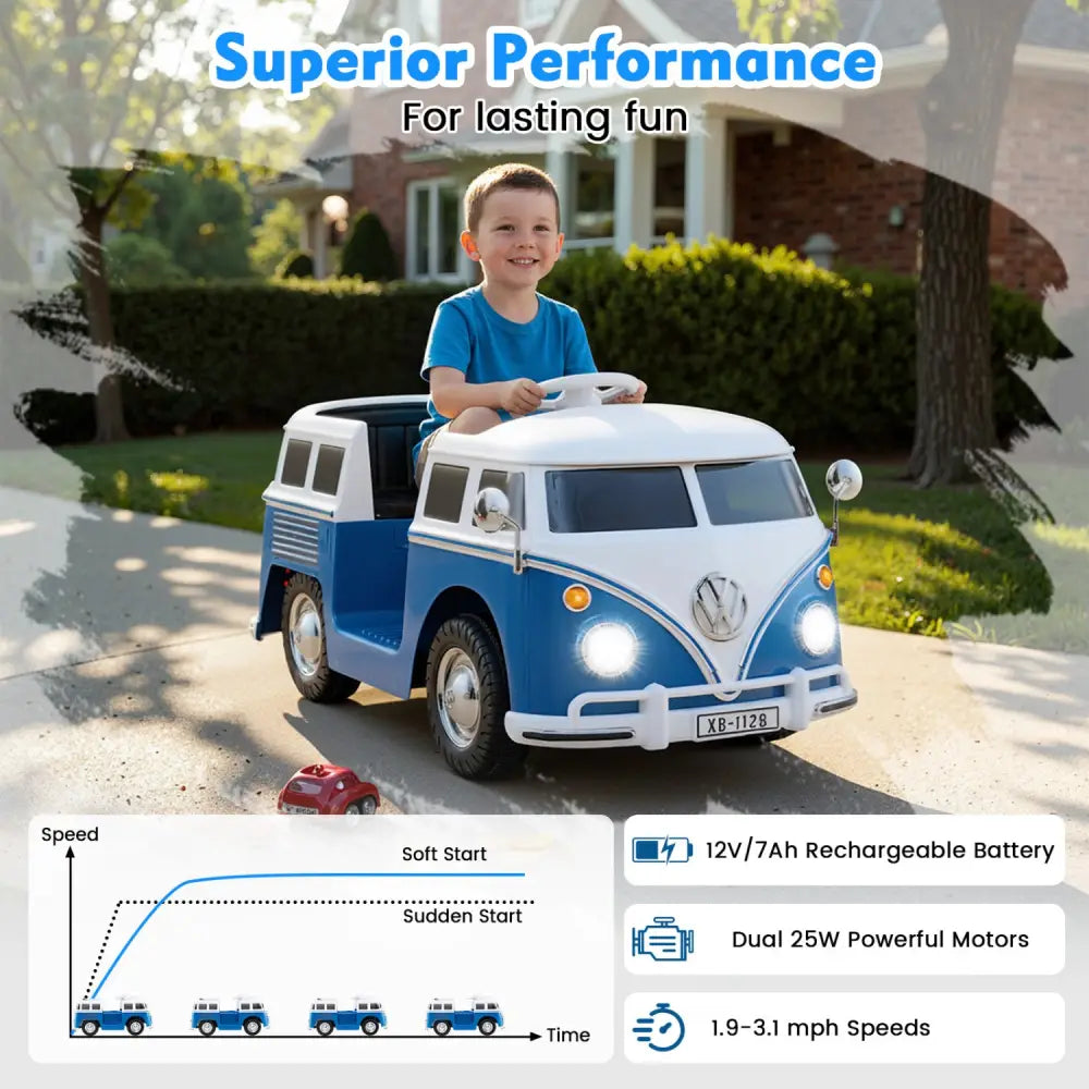 12V Ride On Car Licensed Volkswagen Ride-on Bus with Cup Holder and LED Headlights for 3+ Years Old-Blue - Blue