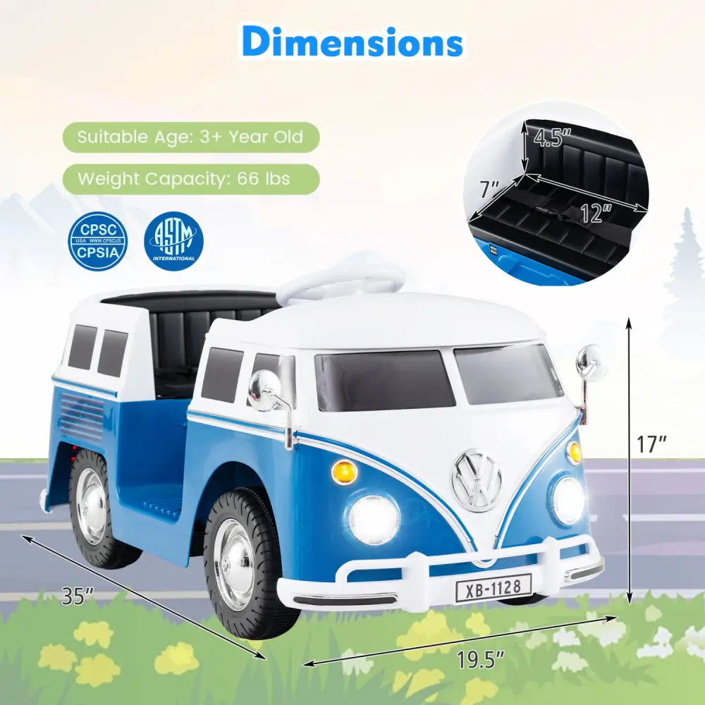 12V Ride On Car Licensed Volkswagen Ride-on Bus with Cup Holder and LED Headlights for 3+ Years Old-Blue - Blue