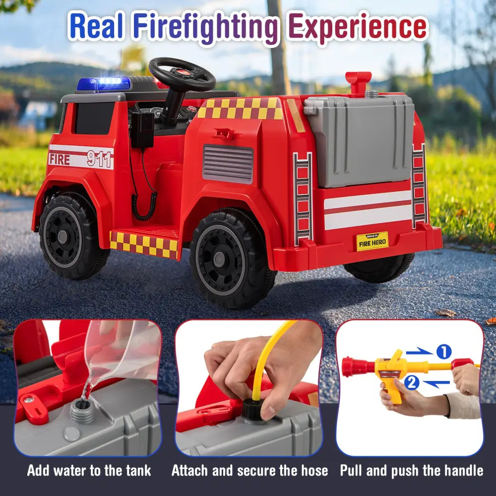 12V Ride on Fire Truck Powered Car with Water Gun and Interphone-Red - Red - Powered Ride On Toys