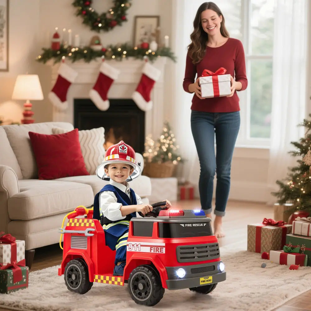 12V Ride on Fire Truck Powered Car with Water Gun and Interphone-Red - Red - Powered Ride On Toys