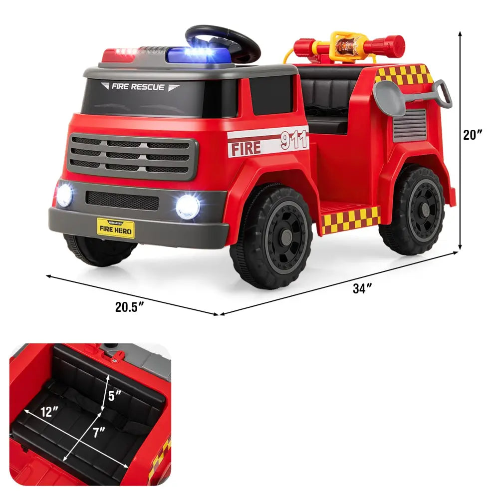 12V Ride on Fire Truck Powered Car with Water Gun and Interphone-Red - Red - Powered Ride On Toys