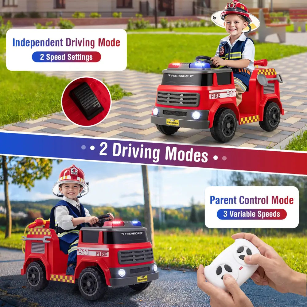 12V Ride on Fire Truck Powered Car with Water Gun and Interphone-Red - Red - Powered Ride On Toys