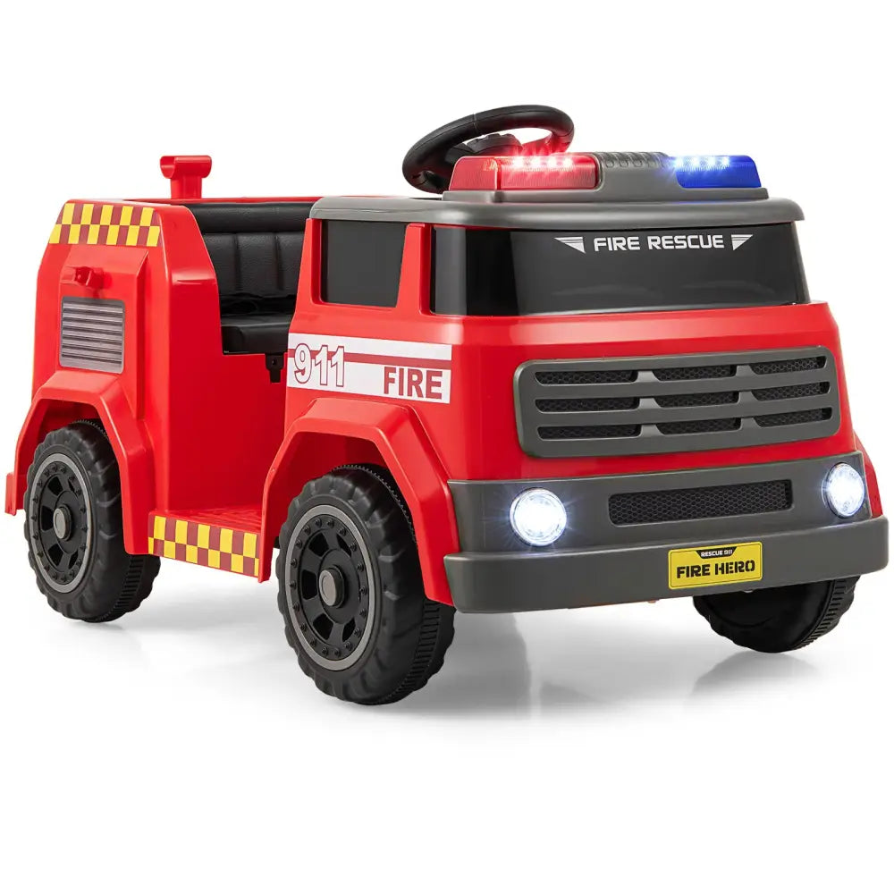 12V Ride on Fire Truck Powered Car with Water Gun and Interphone-Red - Red - Powered Ride On Toys