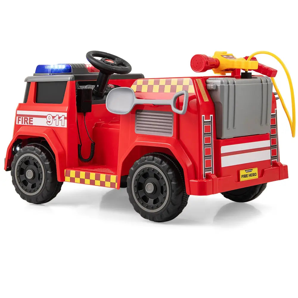 12V Ride on Fire Truck Powered Car with Water Gun and Interphone-Red - Red - Powered Ride On Toys