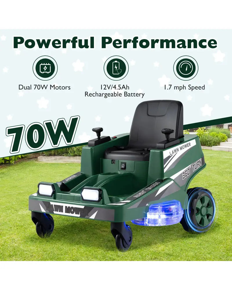 12V Ride on Lawn Mower for Kids with Dual Control Sticks and LED Lights-Green - Green - Powered Ride On Toys