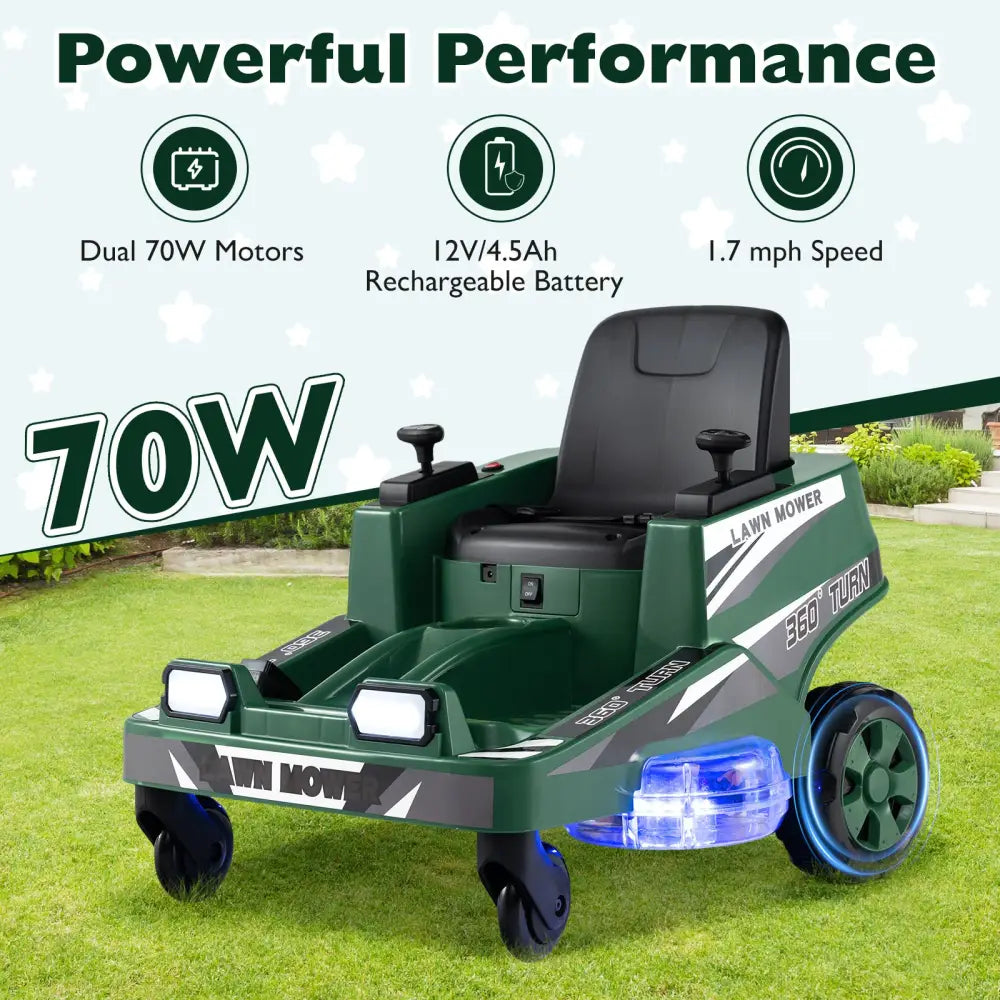 12V Ride on Lawn Mower for Kids with Dual Control Sticks and LED Lights-Green - Green - Powered Ride On Toys