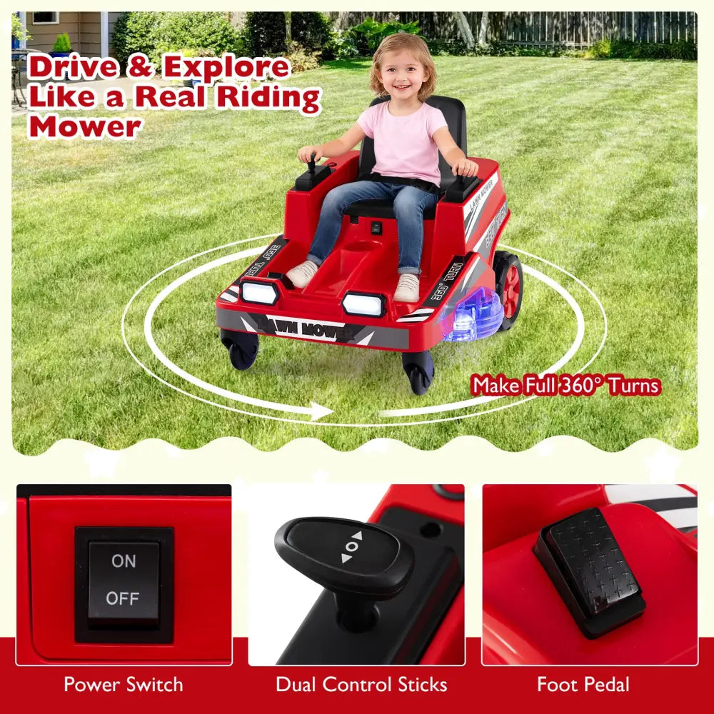 12V Ride on Lawn Mower for Kids with Dual Control Sticks and LED Lights-Red - Red - Powered Ride On Toys