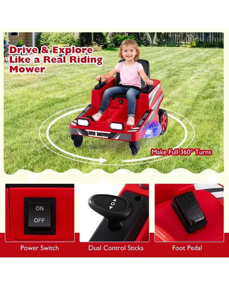 12V Ride on Lawn Mower for Kids with Dual Control Sticks and LED Lights-Red - Red - Powered Ride On Toys
